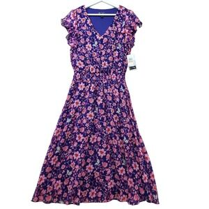 Everlily‎ Purple Fuchsia Floral Chiffon Midi Dress Smocked Waist Ruffle Sleeve M